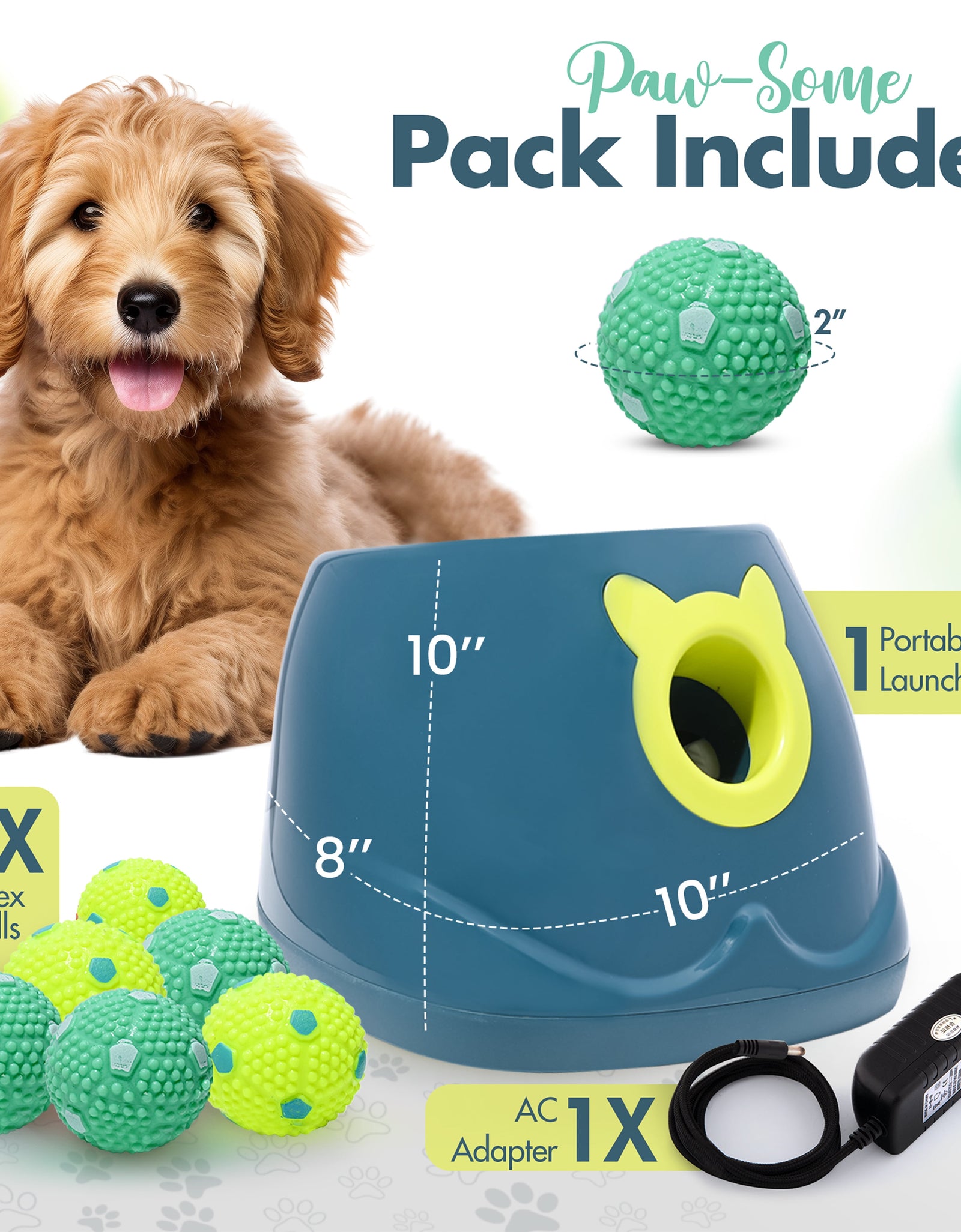 Automatic Dog Ball Launcher - Dog Ball Fetch Machine, Ball Thrower for Dogs, for Small to Medium Sized Dogs, Great Interactive Dog Toy with 6 Latex Balls, Dual Power Supply