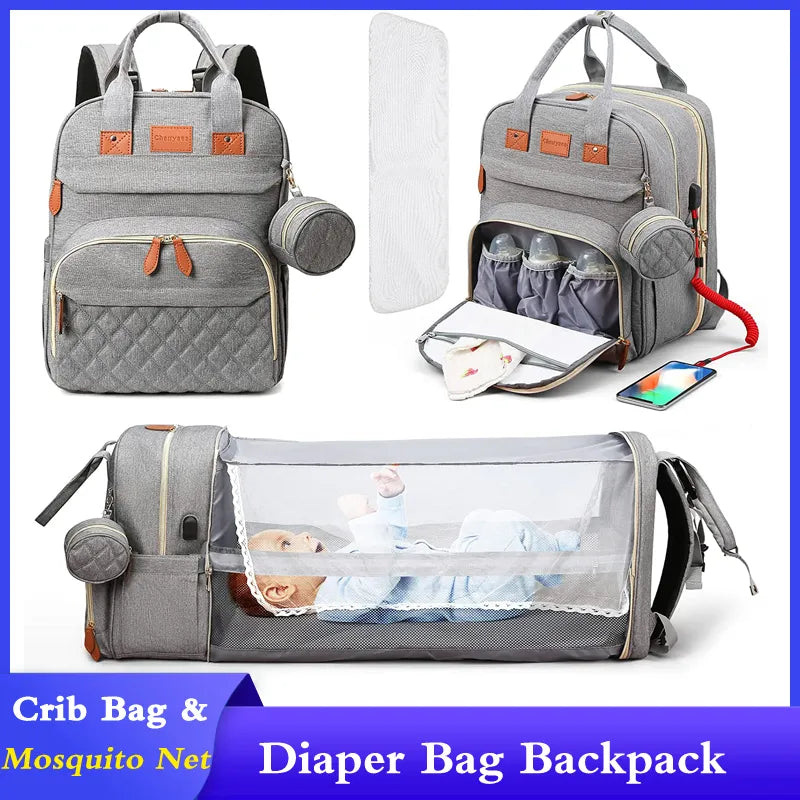 3 in 1 Diaper Bag Backpack Foldable Baby Bed Waterproof Travel Bag with USB Charge Diaper Bag Backpack with Changing Bed 3 Types