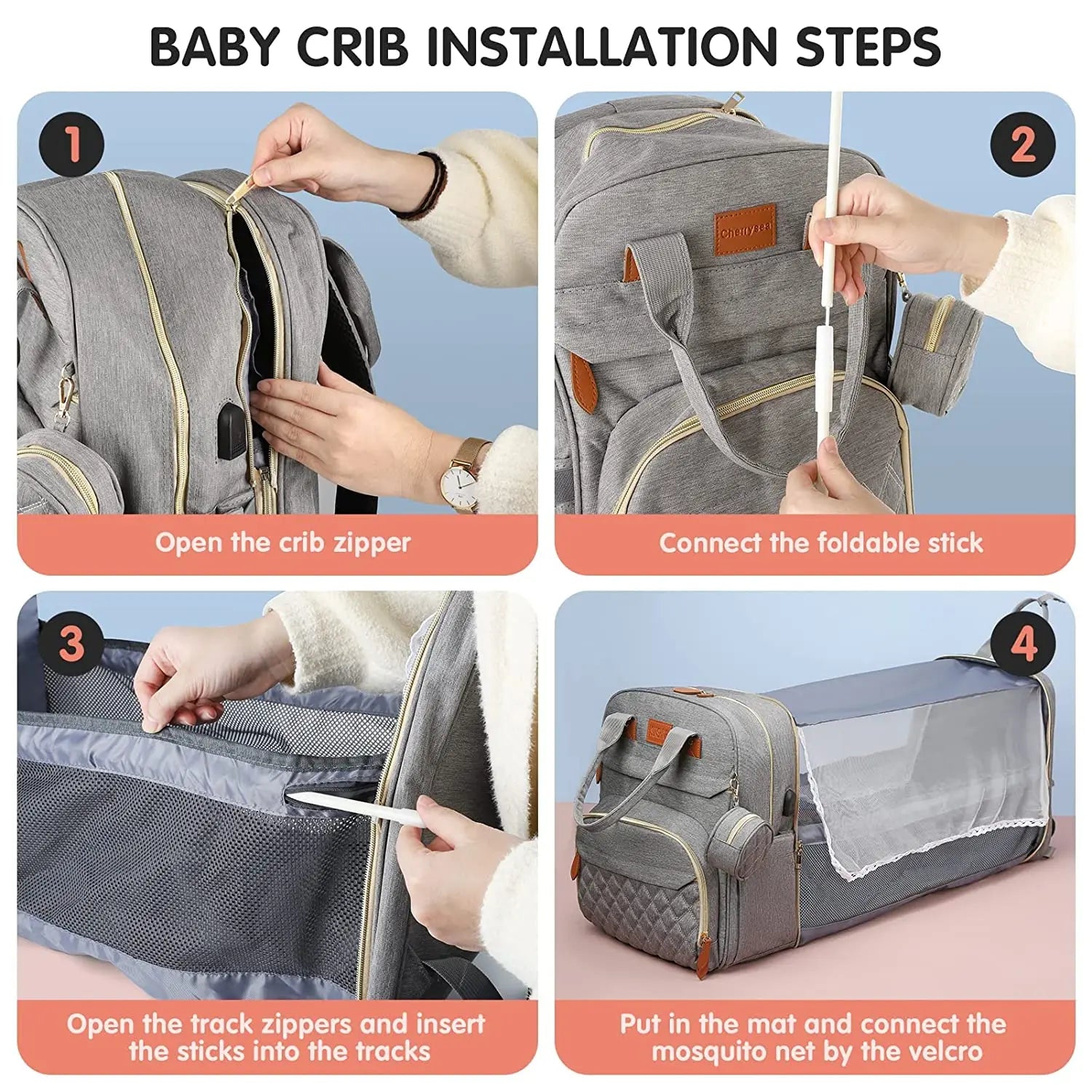 3 in 1 Diaper Bag Backpack Foldable Baby Bed Waterproof Travel Bag with USB Charge Diaper Bag Backpack with Changing Bed 3 Types