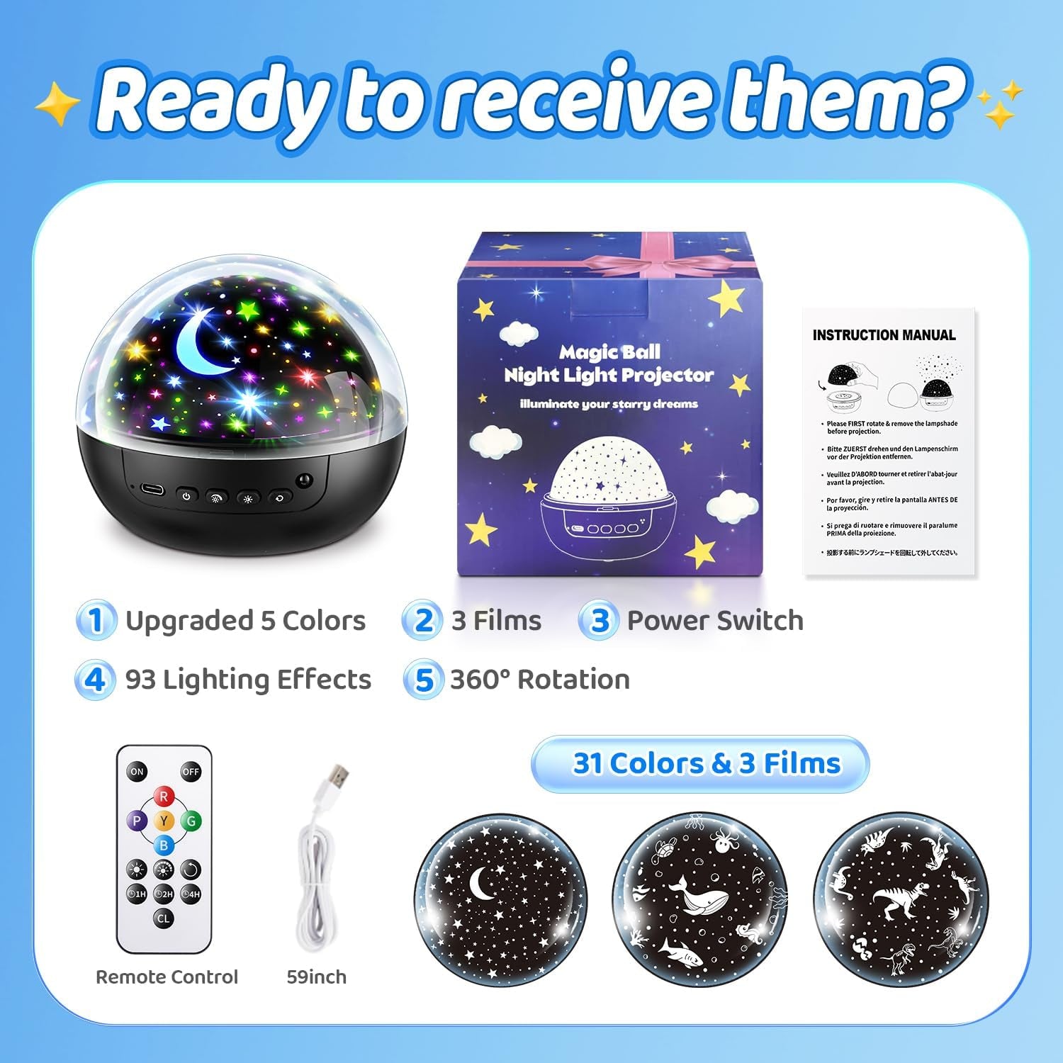 Night Light for Kids, 93 Lighting+3 Films Kids Night Light Projector, Remote+Dim