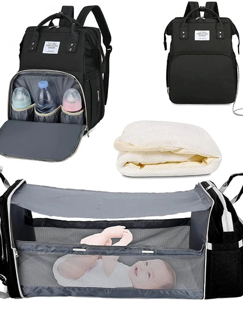 Load image into Gallery viewer, 3 in 1 Diaper Bag Backpack Foldable Baby Bed Waterproof Travel Bag with USB Charge Diaper Bag Backpack with Changing Bed 3 Types
