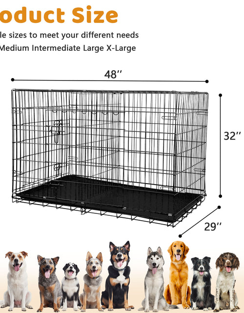 Load image into Gallery viewer, 48 Inch Dog Crate, Dog Crates and Kennels for Big Dog Foldable Large Dog Crate for Large Dogs with Handle Double-Door Outdoor Metal Wire Dog Cage with Plastic Tray for Medium Dogs, Black
