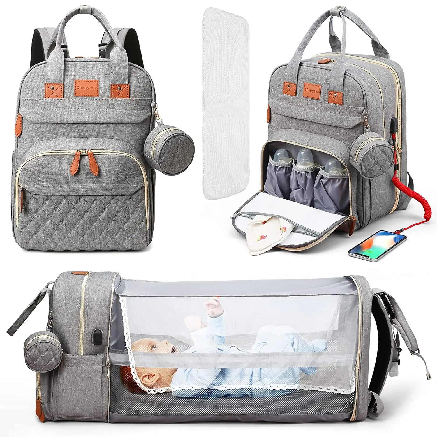 3 in 1 Diaper Bag Backpack Foldable Baby Bed Waterproof Travel Bag with USB Charge Diaper Bag Backpack with Changing Bed 3 Types