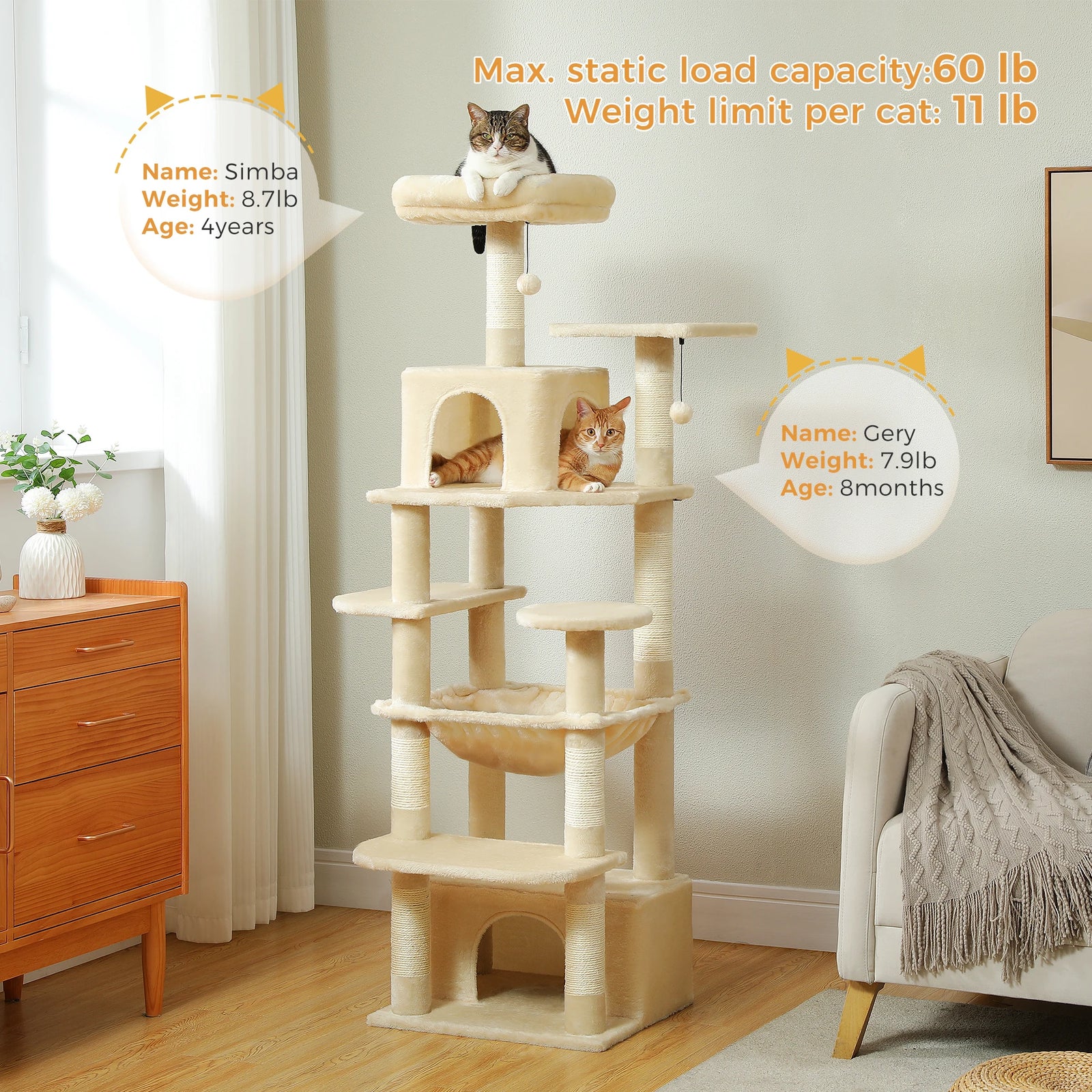 Multi-Level Cat Tree Luxury Cat Tower with Condo Hammock Cat Scrapers with Scratching Post Cat Accessories Cat Toy