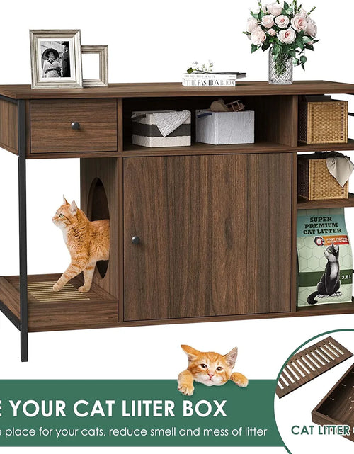 Load image into Gallery viewer, 6 in 1 Wooden Cat Litter Box Enclosure Furniture with Litter Filter, Drawer and Shelves for Litter Boxes
